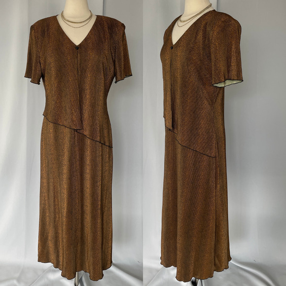 Y2K Maxi Dress Size 12 Brown Black Crinkle Stretch Asymmertical Layered Minimal - Picture 1 of 15